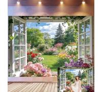 Bovlleetd 2,7x1,8m Garden View Window Backdrop Lush Floral & Greenery Decor Photography Background Ivy-Framed Window & Colorful Blooms Props Serene Garden Theme Photo Studio Props