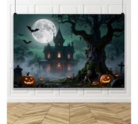Bovlleetd 2.7x1.8m Halloween Haunted House Backdrop Spooky Ghost Mansion Full Moon Bat Pumpkin Graveyard Fog Background Halloween Party Decor Photo Booth Prop