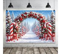 Bovlleetd 2.7x1.8m Merry Christmas Cane Candy Photography Backdrop Winter Snow Scene Xmas Tree Background for Holiday Parties Xmas Photoshoots & Kids Celebrations