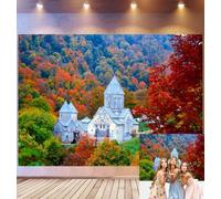 Bovlleetd 2.7x1.8m Mountain Monastery Backdrop Ancient Stone Church Photography Background Vibrant Fall Autumn Forest Layered Hills Historic Religious Nature Theme Photo Studio Props