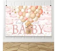 Bovlleetd 2.7x1.8m We Can Bearly Wait Backdrop Pink Cloud Gold Star Teddy Bear Hot Air Balloon Background for Girl Baby Shower Party Decor