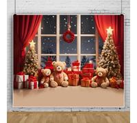 Bovlleetd 3.6x1.8m Christmas Teddy Bear Window Scene Photography Backdrop Snow Night Xmas Tree Presents Wreath Photography Background for Family Holiday Party