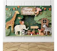 Bovlleetd 3.6x1.8m Jungle Happy Birthday Backdrop Cartoon Tropical Green Leaves Giraffe Monkey Elephant Zebra Photography Background for Kids Party