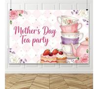 Bovlleetd 3.6x1.8m Mother's Day Tea Party Decorations Backdrop Banner Pink Floral Mom's Day Photography Background Tea Party Theme I Love You Mom Banner Photo Props
