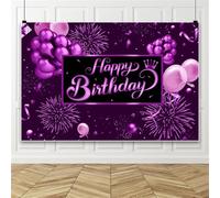 Bovlleetd 3.6x1.8m Purple Happy Birthday Backdrop Happy Birthday Backdrops Banner Large Glitter Balloon Fireworks Sign Photo Background for Birth-Party Decor