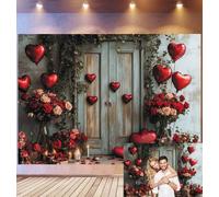 Bovlleetd 3.6x1.8m Rustic Door Valentine's Backdrop Distressed Blue Door Red Heart Balloon Decor Photography Background Rose Bouquets Candle Props Warm Romantic Theme Photo Studio Props
