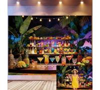 Bovlleetd 3,6x1,8m Tropical Tiki Bar Backdrop Lush Palm Leaves & String Lights Decor Photography Background Colorful Cocktails & Exotic Fruit Props Vibrant Island Bar Theme Photo Studio Props