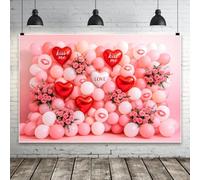 Bovlleetd 3.6x1.8m Valentine’s Day Backdrop Pink White Balloons with Red Heart Kiss Me Foil Balloons and Artificial Roses Photo Background for Party Decor