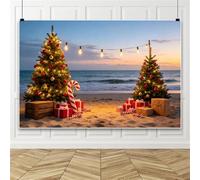 Bovlleetd 3.6x2.5m Beach Christmas Backdrop Tropical Sunset Background with Xmas Trees Gift Boxes & Candy Canes for Summer Christmas Party Holiday Photo Booth Decor