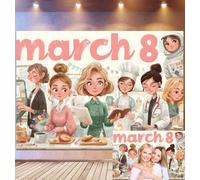 Bovlleetd 3.6x2.5m March 8 Women's Day Women Backdrop Diverse Professional Roles & Pastel Decor Photography Background Cozy Table Setting & "march 8" Text Props Empowering Photo Studio Props