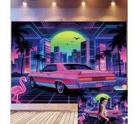Bovlleetd 3,6x2,5m Retro Synthwave City Backdrop Neon 80s Aesthetic Photography Background Pink Muscle Car Flamingo Palm Trees Cyberpunk Urban Theme Photo Studio Props