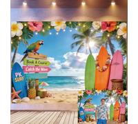 Bovlleetd 3,6x2,5m Tropical Beach Surf Backdrop Parrot & Surfboard Decor Photography Background Tiki Mug & Floral Accents Hawaiian Summer Theme Photo Studio Props