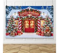 Bovlleetd 3x2.5m Christmas Santa's Workshop Backdrop Winter Snowy Scene Xmas Pine Tree Snowman Photography Background Holiday Party Decor Photo Banner Props