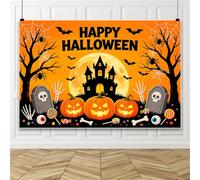 Bovlleetd 3x2.5m Happy Halloween Backdrop Orange Cartoon Haunted House Full Moon Pumpkin Spider Bat Tombstone Skeleton Hand Candy Background for Indoor Outdoor Photography