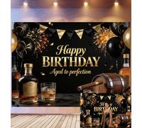 Bovlleetd 3x2,5m Luxury Whiskey Birthday Backdrop Black & Gold Decor Photography Background Cigar & Barrel Props "Aged to Perfection" Adult Celebration Theme Photo Studio Props