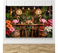 Bovlleetd 3x2.5m Pink Flamingo Bar Photography Backdrop Wood with Palm Leaves String Lights Background for Summer Hawaiian Party Birthday Photography Photo Booth Decor