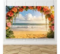 Bovlleetd 3x2.5m Tropical Hibiscus Flower Arch Backdrop Beach Wedding-Style with Orange Pink Blooms Over Ocean Waves Background for Hawaiian Summer Photography