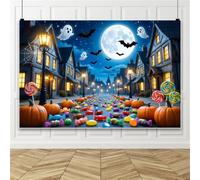 Bovlleetd 3x2m Cute Halloween Town Street Backdrop Big Full Moon Ghost Bat Jack-o-Lantern Lollipop Candy Spider Web Night Village Background Photo Booth Decor