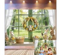 Bovlleetd 3x2m Easter Window Sill Backdrop Bunny Plush & Decorative Egg Props Photography Background Floral Wreath & Basket Decor Spring Easter Theme Photo Studio Props