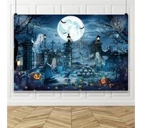 Bovlleetd 3x2m Halloween Cemetery Backdrop Spooky Graveyard Photo Background with Full Moon Ghost Pumpkin Bat for Halloween Party Horror Themed Photoshoot Trick Treat Night