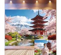 Bovlleetd 3x2m Japanese Cherry Blossom Temple Backdrop Red Pagoda & Mount Fuji Decor Photography Background Pond Path & Stone Lantern Props Serene Sakura Theme Photo Studio Props