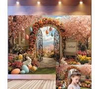 Bovlleetd 3x2m Luxury Iron Gate Easter Backdrop Pink Cherry Blossom Vibrant Floral Arch Decor Photography Background Giant Easter Eggs Bunny Props Elegant Garden Photo Studio Props