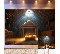 Bovlleetd 3x2m Nativity Stable Backdrop Birth of Jesus Manger Photography Background Hay Bales Christian Cross Sunbeam Lights Rustic Wooden Holy Christmas Religion Theme Photo Studio Props