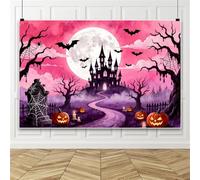 Bovlleetd 3x2m Spooky Halloween Backdrop Pink Night Haunted Castle Full Moon Pumpkins Spiders Bats Background Haunted House Banner Halloween Decor Photo Props