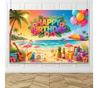 Bovlleetd 3x2m Summer Beach Happy Birthday Backdrop Tropical Flamingo Palm Tree Background with Hawaiian Flowers for Kids Luau Themed Birthday Party Photo Booth