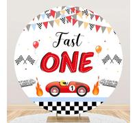 Bovlleetd 3x3ft Fast One Birthday Round Backdrop 1st Bday Party Cool Decorations for Boy Kids Passionate Red Race Car Decors Background Let's Go Racing Party Supplies Cake Table Banner Polyester