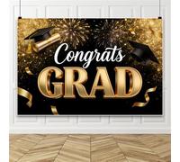 Bovlleetd 4.2x3m 2026 Graduation Backdrop - Black Gold Congrats Grad Decora Large Wall Sign Photography Background Cap Golden Fireworks Graduation Party Supplies Photo Props