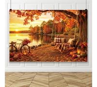 Bovlleetd 4.2x3m Autumn Lake Sunset Backdrop Swing, Bike & Pumpkins under Maple Trees Photography Background for Fall Portraits Thanksgiving & Home Decor