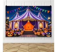 Bovlleetd 4.2x3m Halloween Circus Tent Backdrop Spooky Carnival Photo Background with Jack-o-Lantern Purple Striped Tent & Bunting for Carnival Photo Booth Banner Decoration