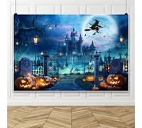 Bovlleetd 4.2x3m Halloween Witch Castle Backdrop Spooky Witch Broomstick Photo Background with Full Moon Jack-o-Lantern Graveyard for Halloween Party Horror Photoshoot