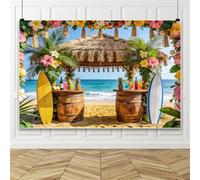 Bovlleetd 4.2x3m Hawaiian Bar Photography Backdrop Summer Beach Backdrop Beachside Hut with Barrels, Drinks & Ocean View Background for Tropical Themed Events Party