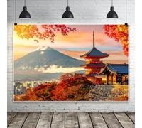 Bovlleetd 4.2x3m Japan Views Backdrop Mount Fuji & Red Pagoda Autumn Scenery Background Fall Maple Leaf Video Props Photo for Thanksgiving Decor