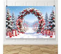 Bovlleetd 4.2x3m Merry Christmas Cane Candy Photography Backdrop Gift Boxes & Pine Trees Background New Year Eve Party Decoration Holiday Photo Banner Props