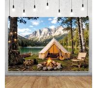 Bovlleetd 4.2x3m Mountain Lake Camping Backdrop White Tent String Lights Campfire Canoe Guitar Pine Birch Tree Background Portraits Shoot Photo Props
