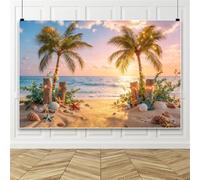 Bovlleetd 4.2x3m Summer Sunset Backdrop Hawaii Beach Scenery Photography Background Coastal Palm Tree Scene with Fairy Lights Seashells Ocean Backgrounds for Vacation Party