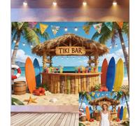 Bovlleetd 4,2x3m Tiki Bar Beach Backdrop Bamboo Hut & Surfboard Decor Photography Background Tropical Cocktails & Floral Accents Hawaiian Luau Theme Photo Studio Props