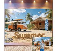 Bovlleetd 4,5x3m Beach Summer Getaway Backdrop Vintage Surf Van & Hut Decor Photography Background Sand "Summer" Lettering Coastal Vacation Theme Photo Studio Props