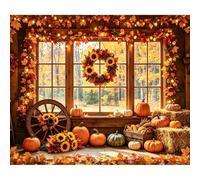 Bovlleetd 4.5x3m Fall Window Backdrop Autumn Rustic Wooden Floor Window Pumpkin Maple Leaves Sunflower Background for Birthday Party Decoration