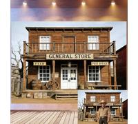 Bovlleetd 4,5x3m Wild West General Store Backdrop Old Wooden Building Decor Photography Background Barrel & Wagon Wheel Props Frontier Town Theme Photo Studio Props