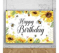Bovlleetd 5x3ft Sunflower Bee Backdrop Happy Birthday Decoration Banner Hexagonal Honeycomb Gold Sparkling Dots Photography Background for Birthday Party Decoration Cake Table Banner