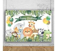 Bovlleetd 5x4ft Happy Birthday Background Cute Lion Elephant Monkey Rhino Birthday Party Decoration Banner Baby Shower Backdrop Animal Botanical Photography Background for Photo Booth Props