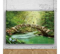 Bovlleetd 5x4ft Natural Scene Photography Background Stone Arch Bridge Green Stream Flash Water Backdrop Green Forest Colored Butterfly Background for Studio Photography Props