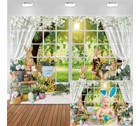 Bovlleetd 5x4ft Spring Window Scenery Backdrop Happy Easter Bunny Eggs Rabbit Doll Floral Backdrop Banner Green Nature Forest Sunrise Background for Spring Easter Party Supplies Photo Booth Vinyl