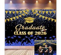 Bovlleetd 6x3m Class of 2026 Graduate Backdrop Blue Gold Glitter Pennant Cap Diploma Silhouette Decor Photography Background Graduation Celebration Party Style Photo Studio Props