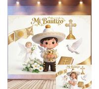 Bovlleetd 6x3m Mexican-Style Mi Bautizo Backdrop Charro-Outfit Figurine & Gold Cross Decor Photography Background Angel & Dove Props Festive Baptism Theme Photo Studio Props