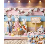 Bovlleetd 6x3m Pastel Easter Bunny Backdrop Plush Rabbit Family & Egg Basket Decor Photography Background "Happy Easter" Sign & Mini House Props Spring Easter Theme Photo Studio Props